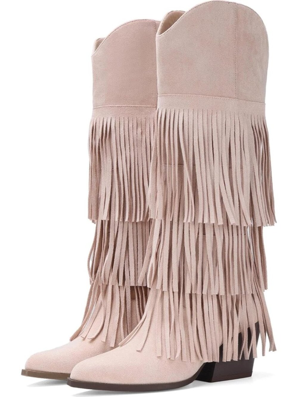 Women Apricot Leather Pull On Block Chunky Suede Fringe Cowboy Pointed Toe Boot